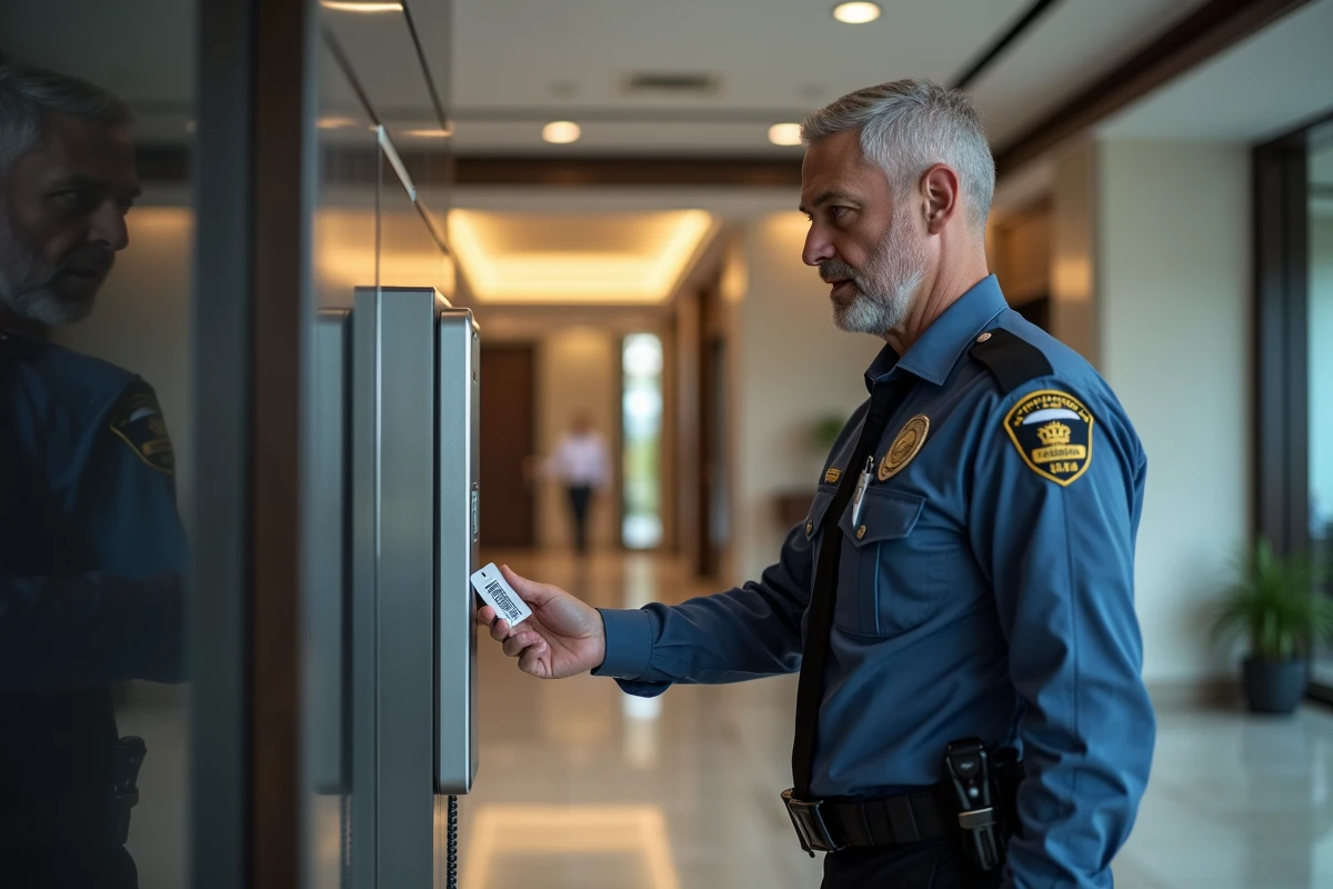 Agent de sécurité inspectant un panneau de contrôle d