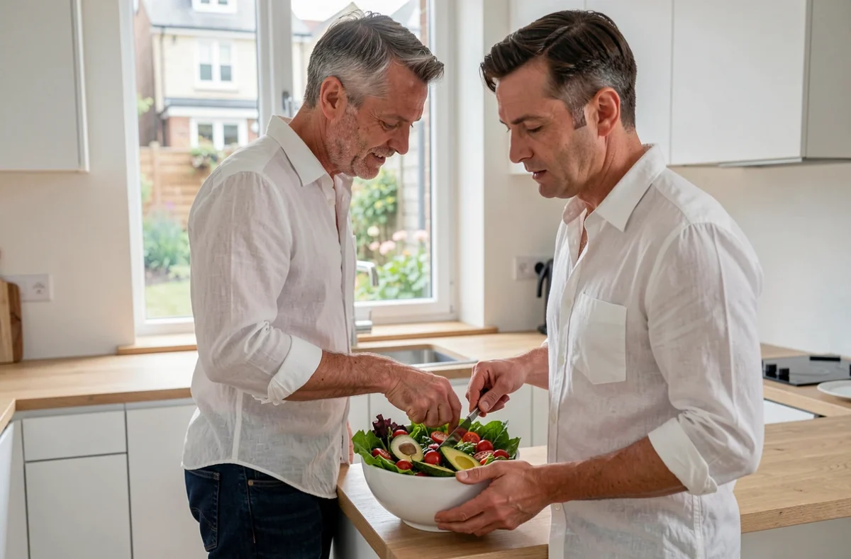 Homme préparant un repas sain et équilibré dans une cuisine moderne, symbolisant une bonne hygiène de vie alimentaire