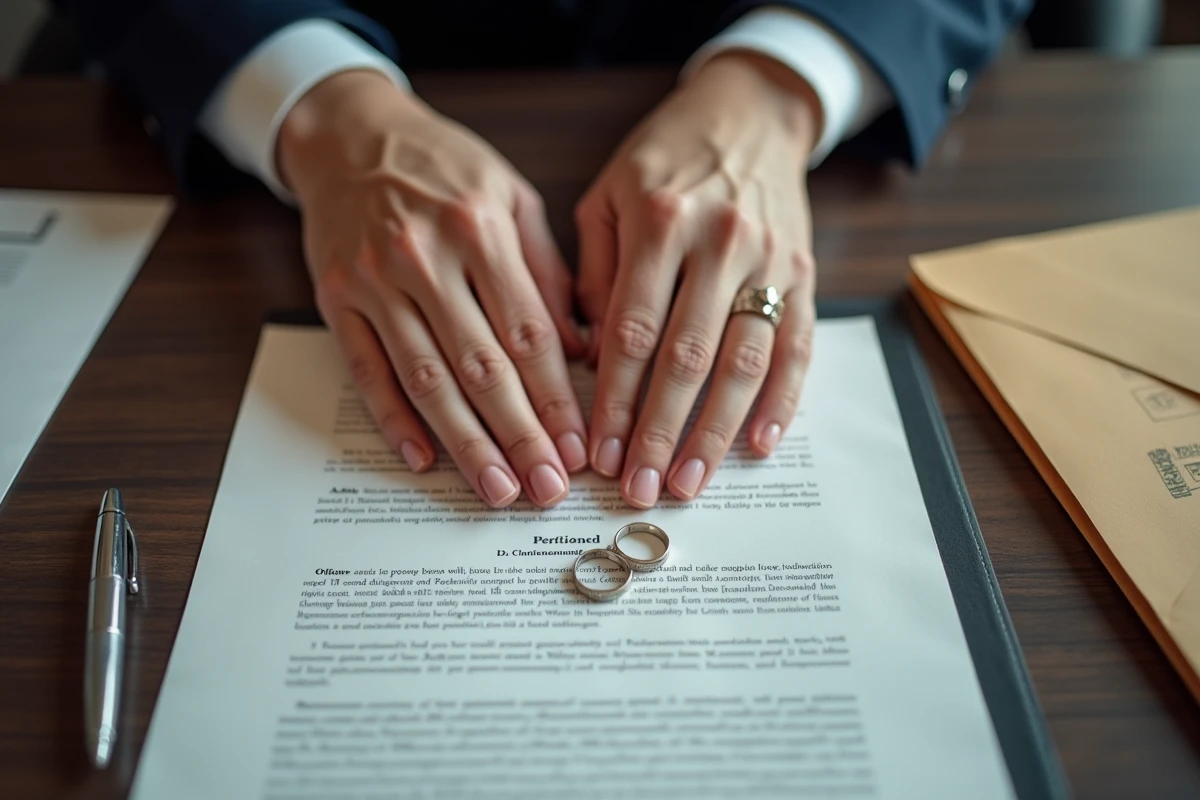 Gros plan de deux alliances posées sur des documents officiels de divorce signés symbolisant la séparation légale