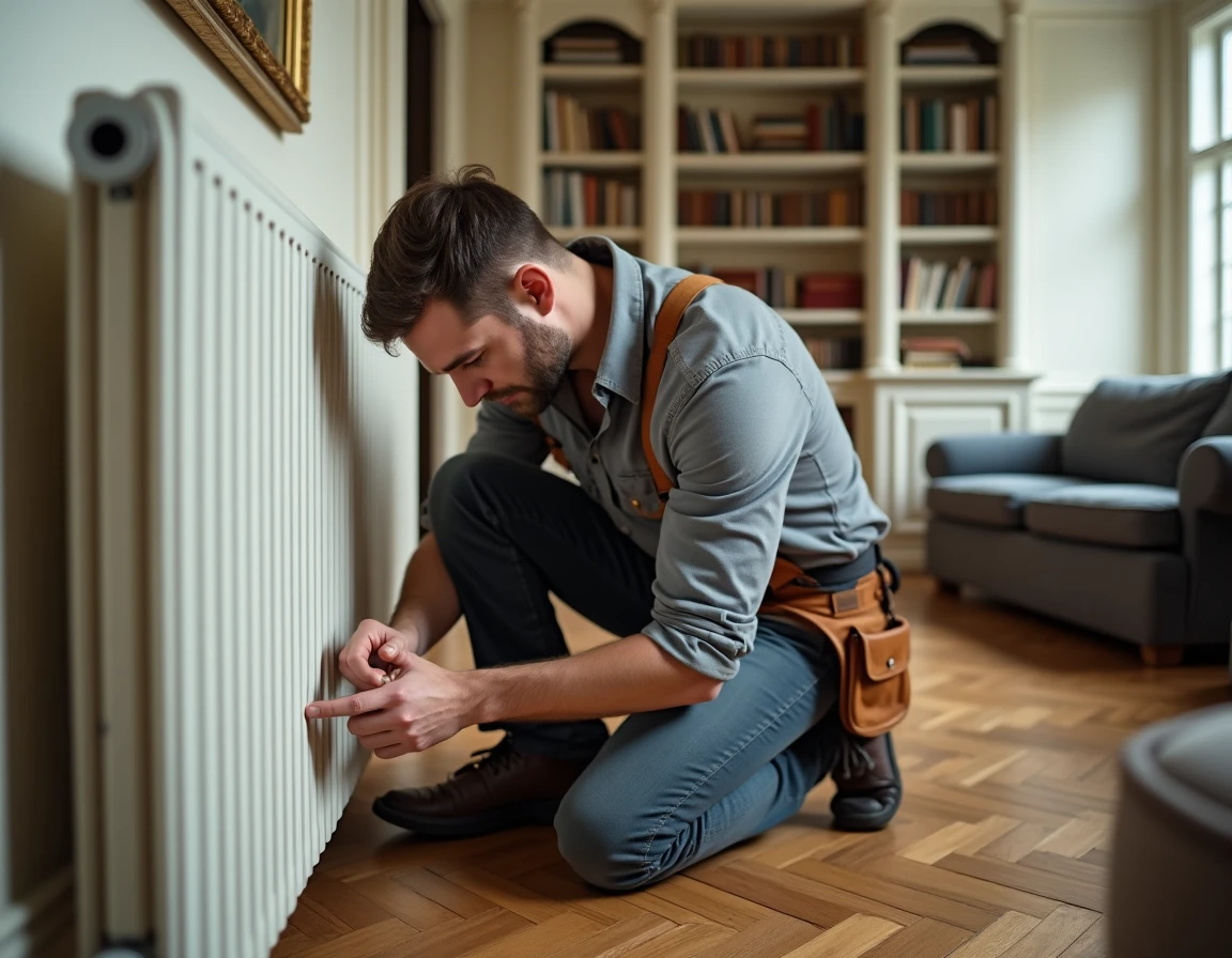 Artisan professionnel inspectant un radiateur dans un salon avec parquet en chevrons