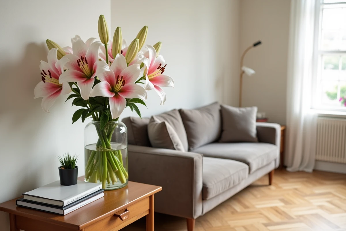 Bouquet de lys roses et blancs sans pistils dans un vase en verre sur une console en bois dans un salon décoré avec goût