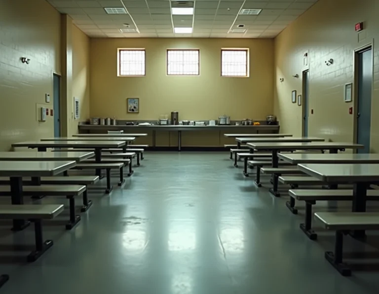 Intérieur d'une cafétéria de prison avec tables et bancs métalliques, représentant les conditions de restauration en milieu carcéral