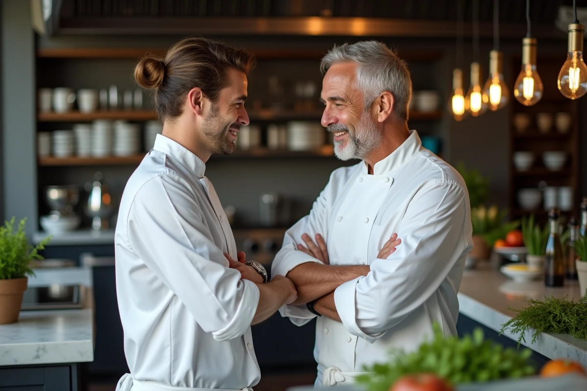 Chef expérimenté félicitant son jeune sous-chef après un service réussi dans une cuisine moderne