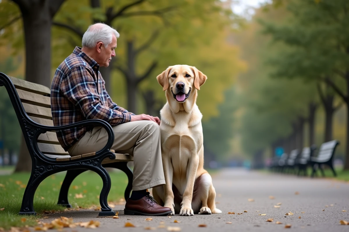 Chien Beagador assis calmement au pied d