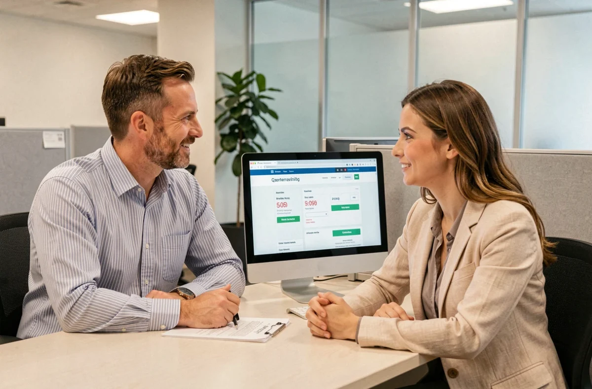Deux collègues comparant des devis d'assurance auto sur un ordinateur de bureau dans un environnement professionnel moderne