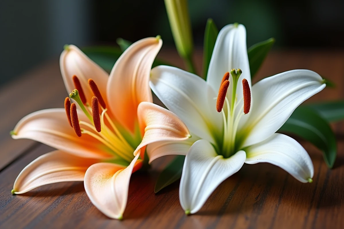 Comparaison entre un lys avec pistils et étamines intacts et un lys nettoyé pour une décoration sans taches de pollen