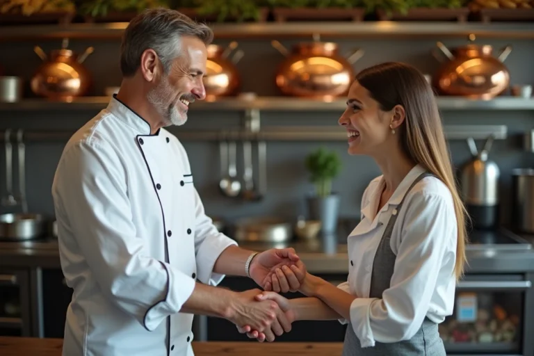 Chef cuisinier recevant les compliments d'une cliente souriante dans une cuisine professionnelle