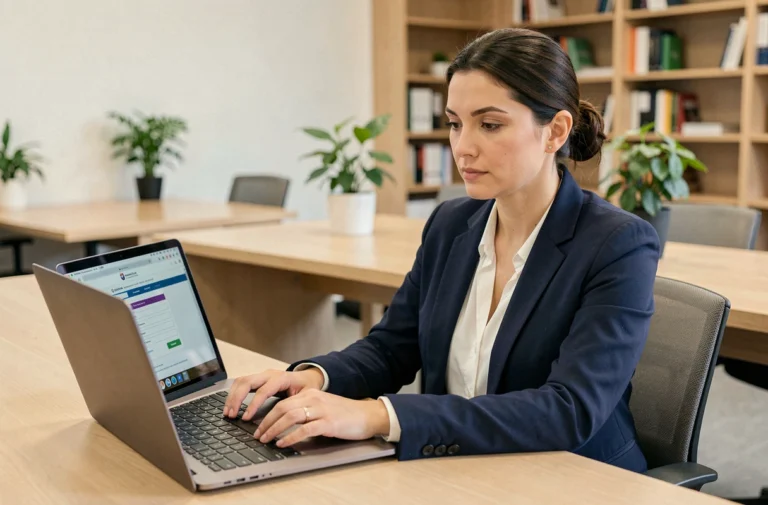 Femme connectée à son espace personnel Sylae ASP sur un ordinateur portable dans un bureau administratif