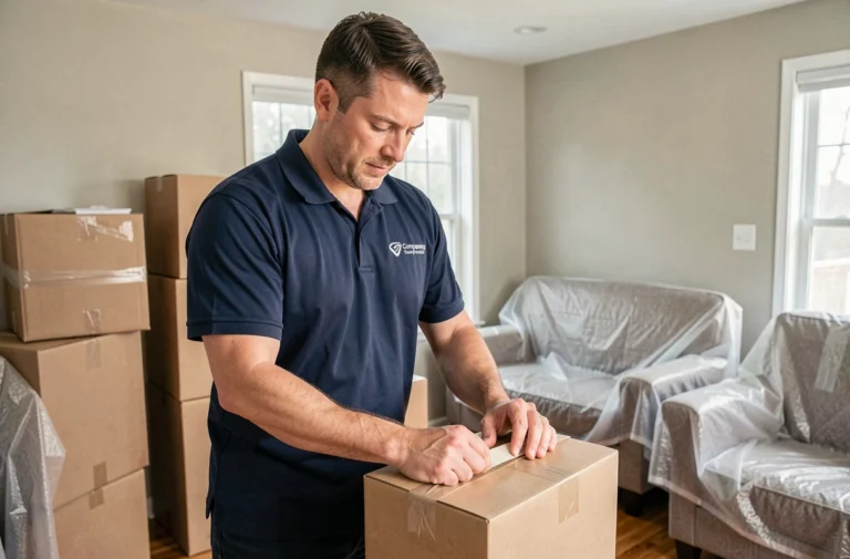 Déménageur professionnel emballant soigneusement des cartons dans un salon avant un déménagement