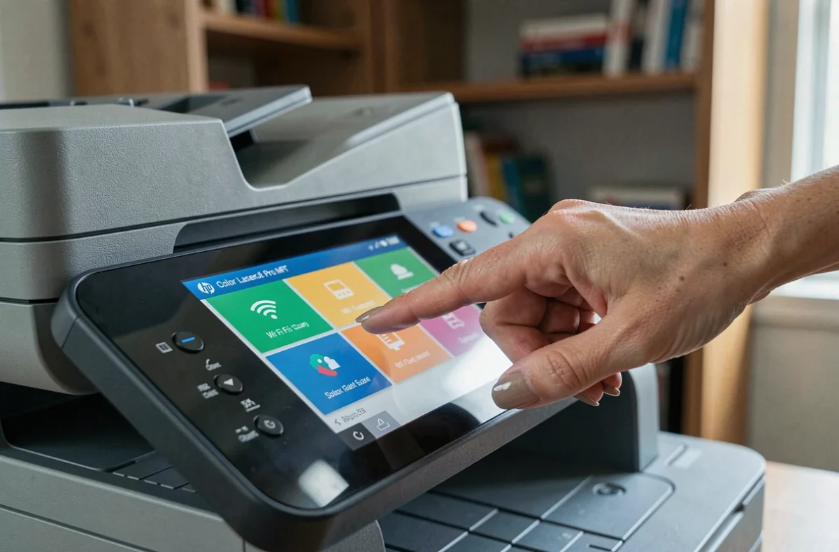Gros plan sur l'écran tactile de l'imprimante HP Color LaserJet Pro MFP M281fdw avec une main utilisant le panneau de commande