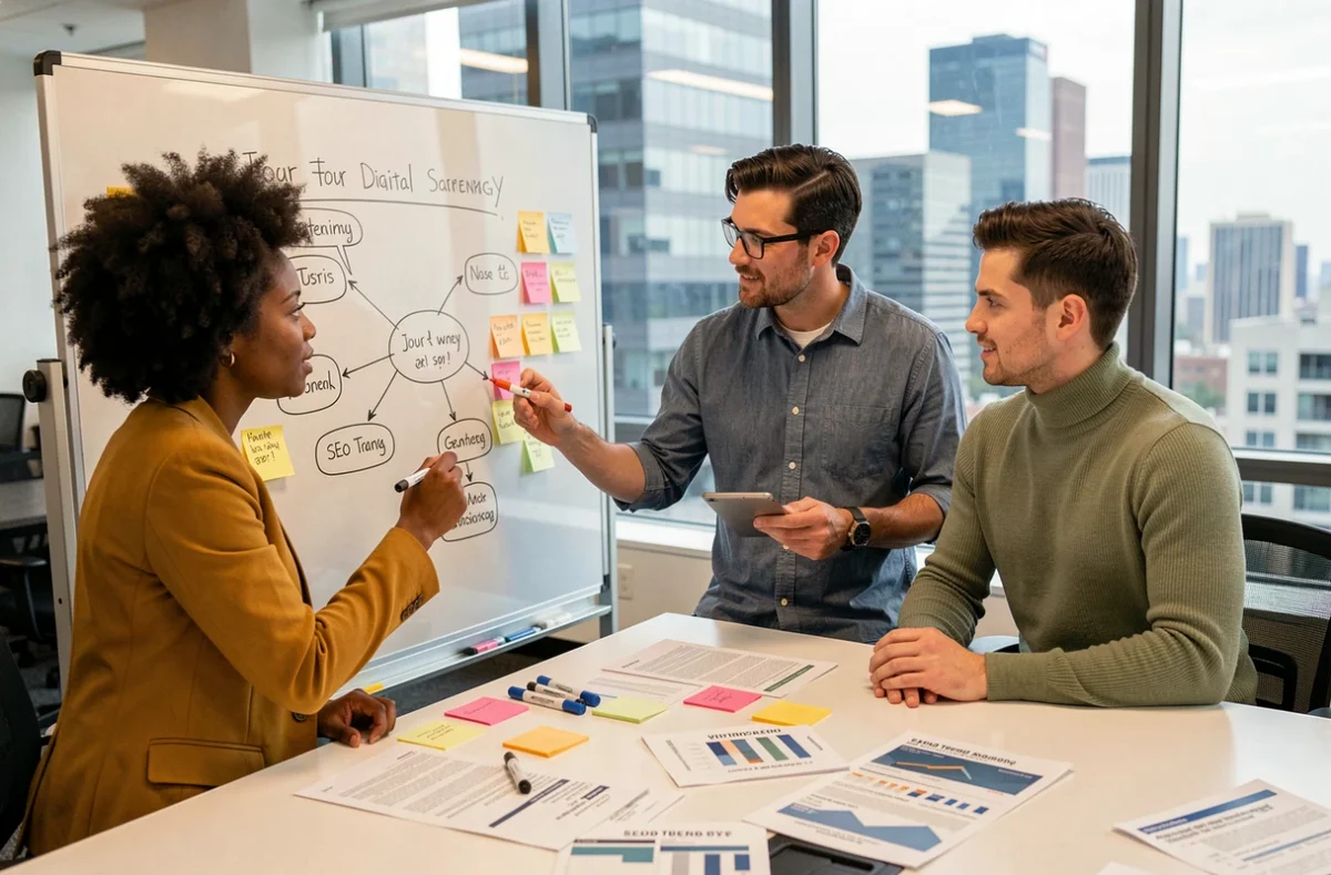 Équipe de stratèges digitaux planifiant les tendances web lors d'une session de brainstorming