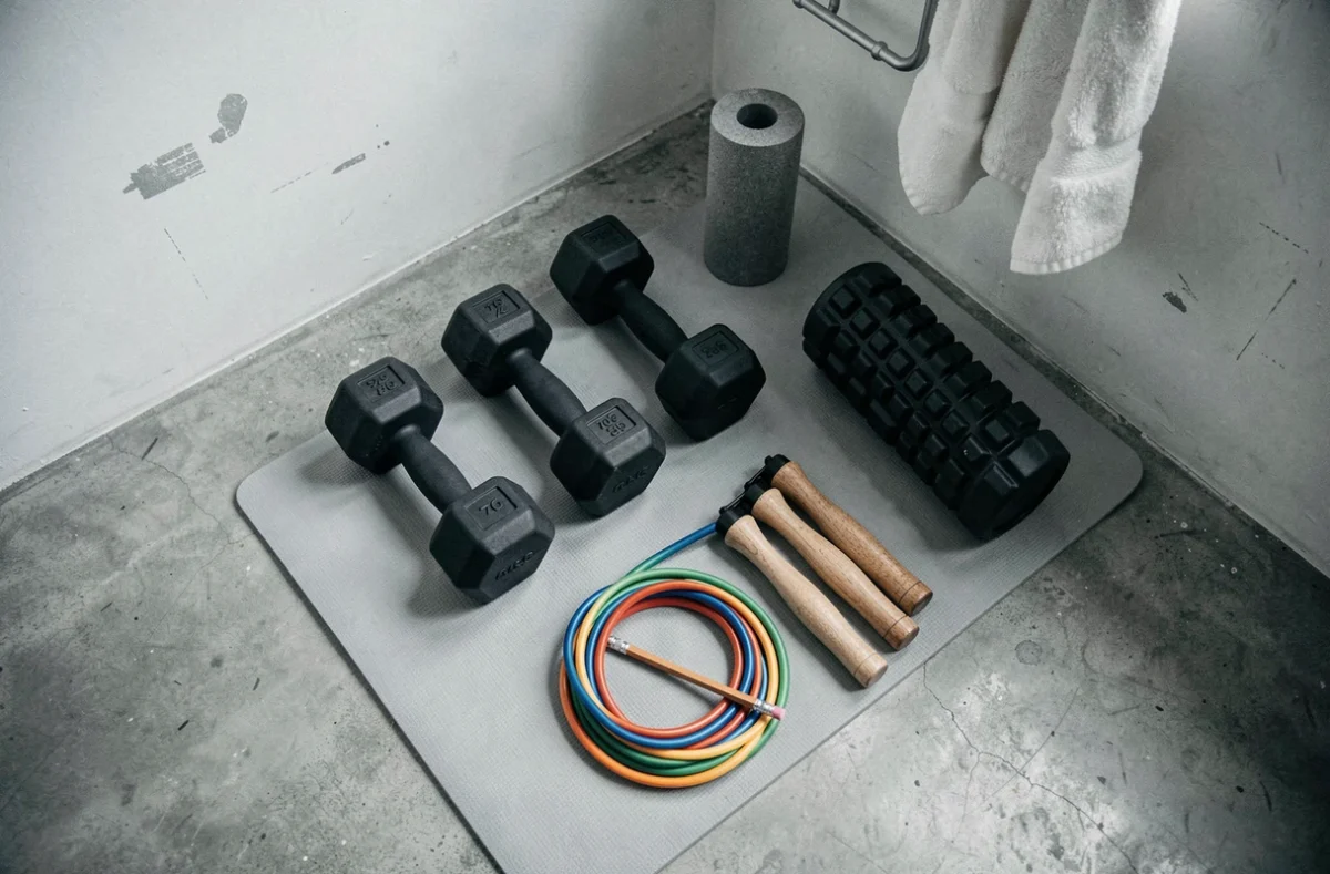 Vue aérienne d'un ensemble d'équipements de fitness pour s'entraîner à domicile, incluant haltères réglables, bandes de résistance et foam roller