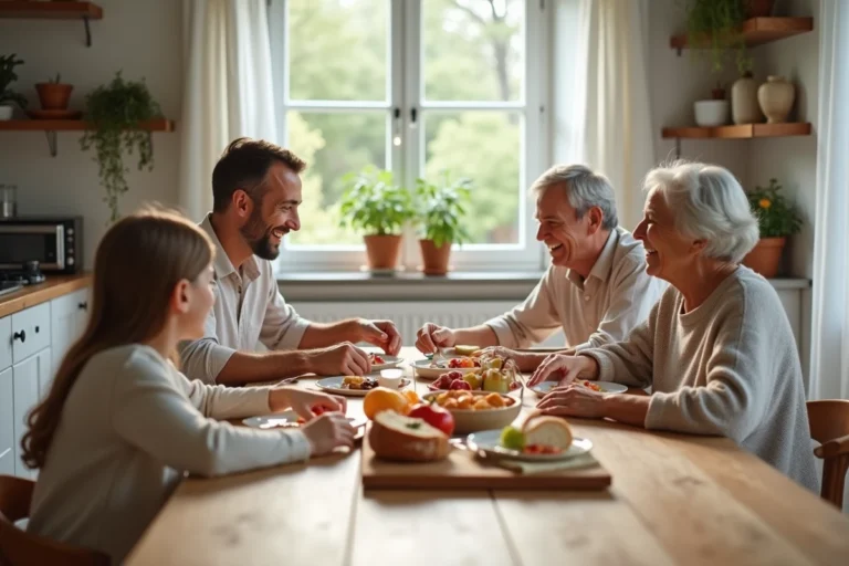 Famille multigénérationnelle partageant un petit-déjeuner fait maison autour d'une grande table en bois dans une cuisine scandinave chaleureuse