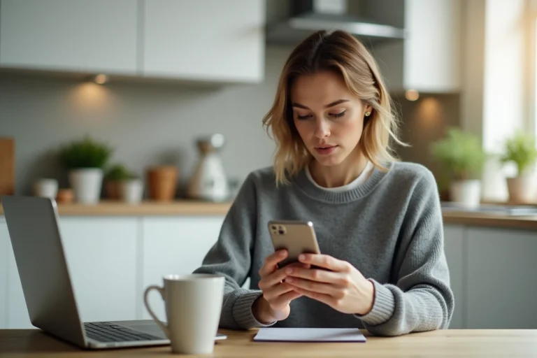 Femme consultant un annuaire inversé gratuit sur son téléphone portable dans une cuisine moderne