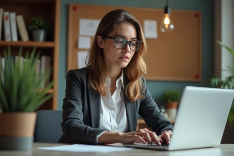 Femme professionnelle en home office travaillant sur son ordinateur