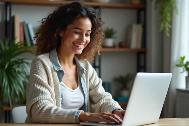 Jeune femme concentrée sur son ordinateur à la maison