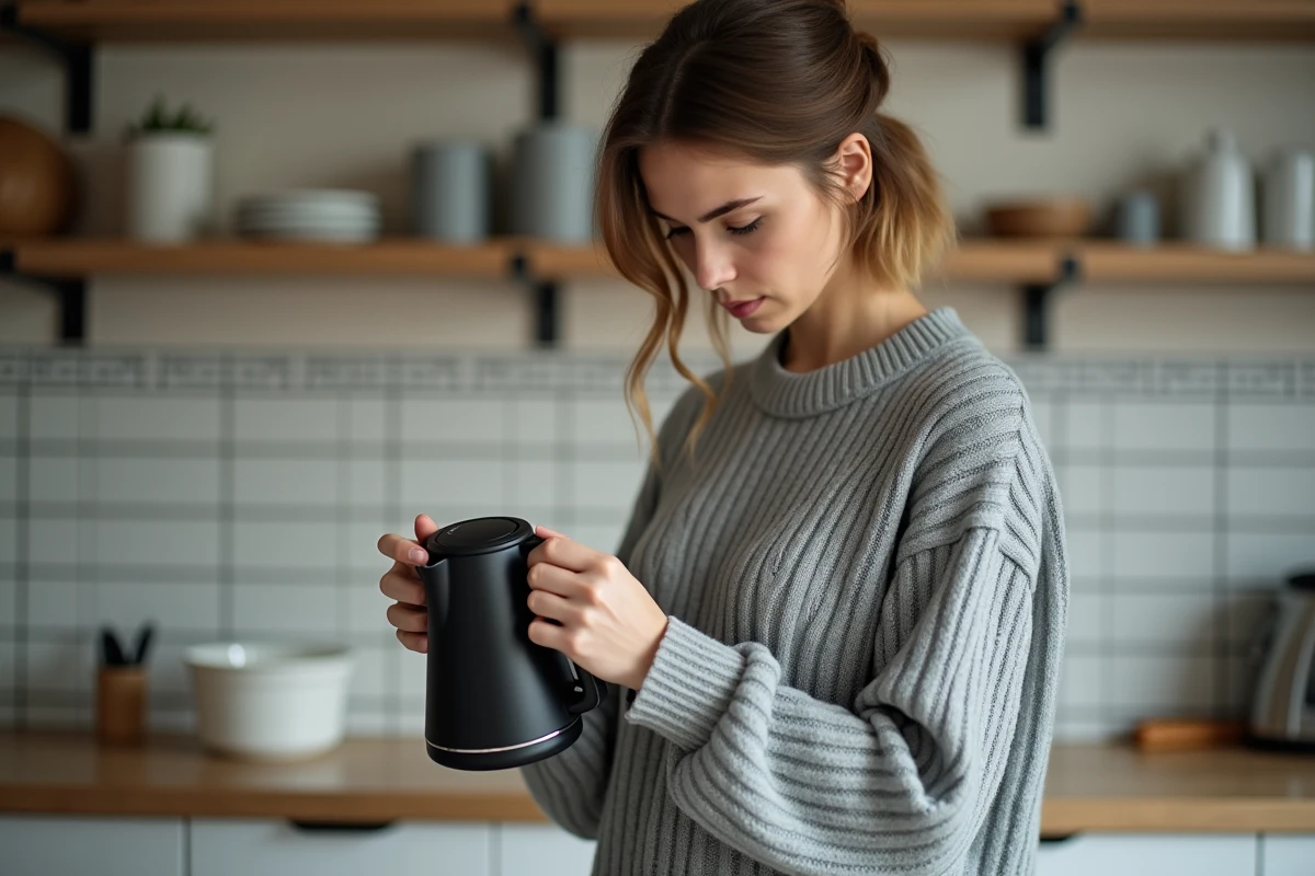 Femme lisant les caractéristiques techniques d'une bouilloire électrique dans une cuisine domestique