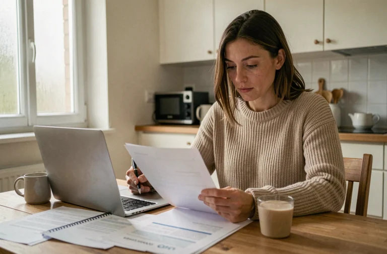 Femme comparant des offres d'assurance auto sur ordinateur portable avec des documents papier sur une table de cuisine moderne