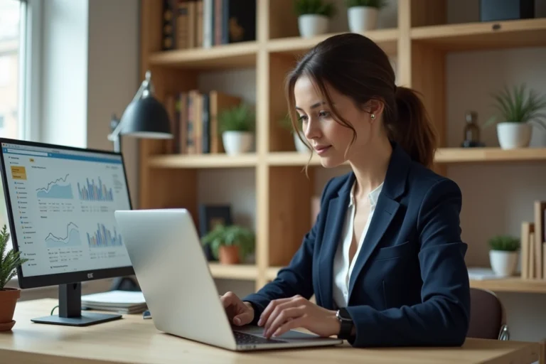 Femme consultante SEO travaillant sur un ordinateur portable avec des tableaux de bord analytiques dans un bureau moderne
