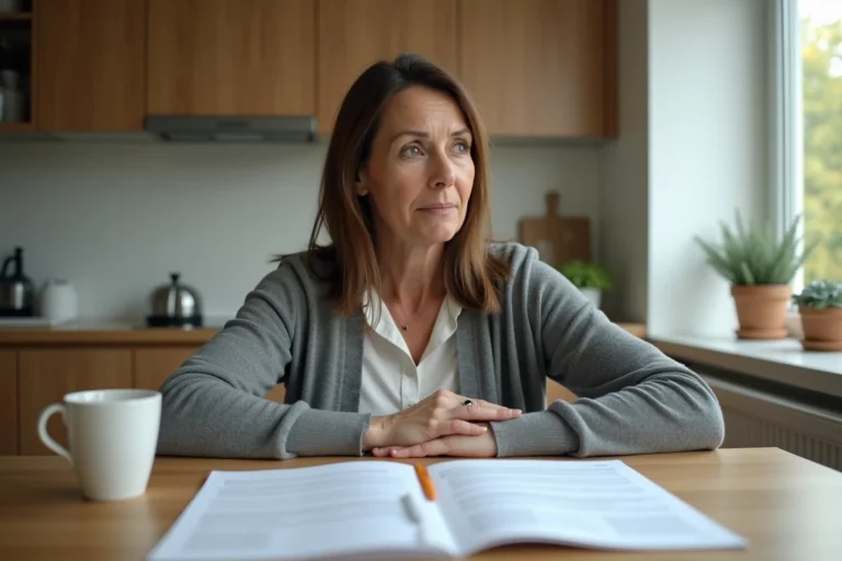 Femme seule à une table de cuisine consultant des documents de divorce avec une expression pensive et réfléchie