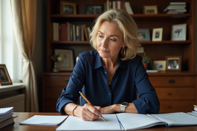 Femme d'environ 55 ans écrivant dans un bureau cosy