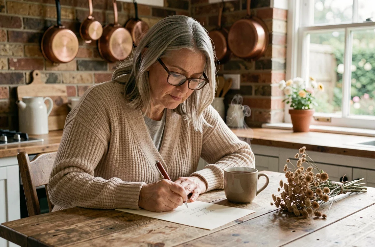 Femme d'âge mûr écrivant un message touchant à sa table de cuisine rustique, symbolisant une lettre affectueuse pour une tante