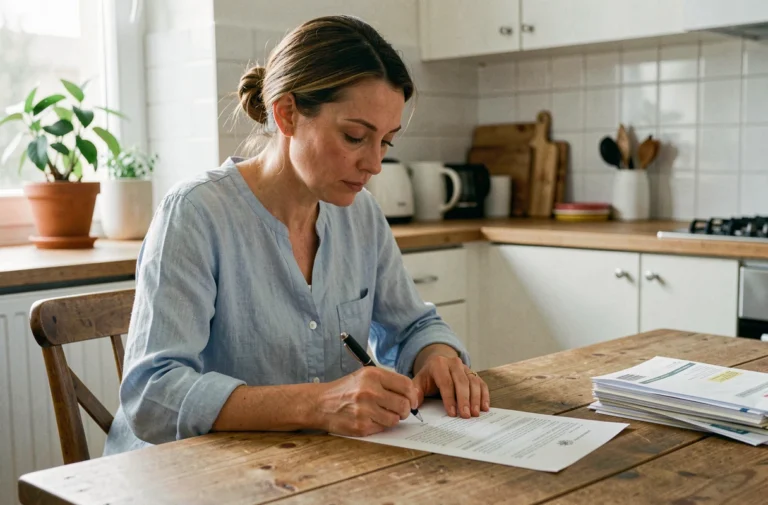 Femme remplissant un formulaire de changement d'adresse aux impôts à la maison