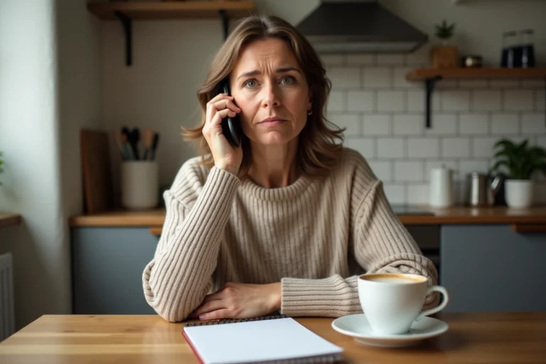 Femme consultant son téléphone portable pour identifier un appel entrant avec l'indicatif 0412 en France