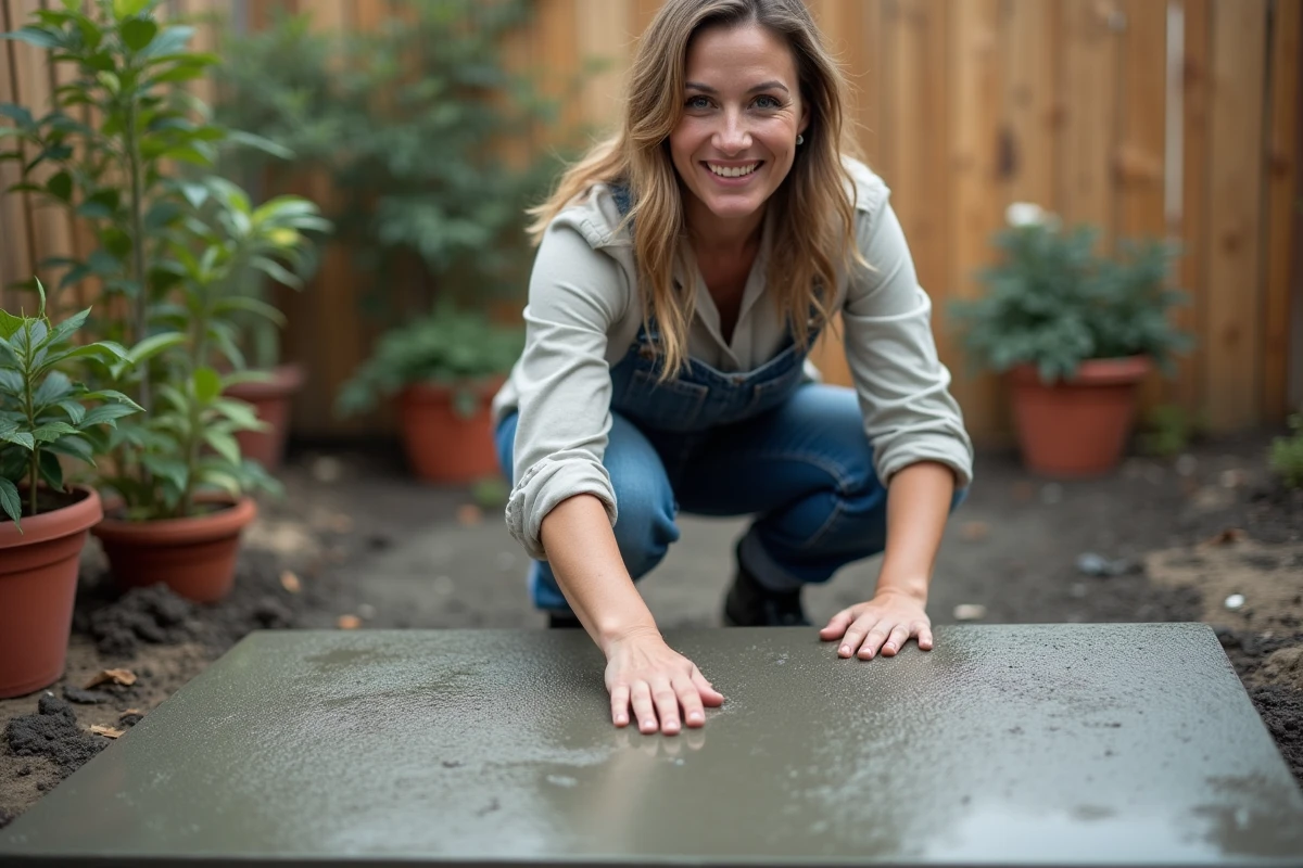 Femme vérifiant une dalle de béton fraîche dans le jardin