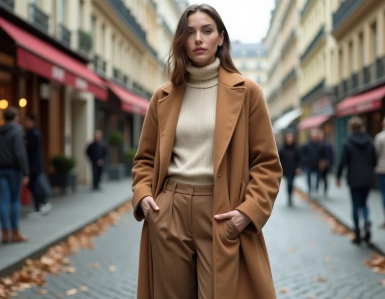 Femme en manteau camel structuré et pantalon large sur un trottoir parisien en automne, mode contemporaine tendance
