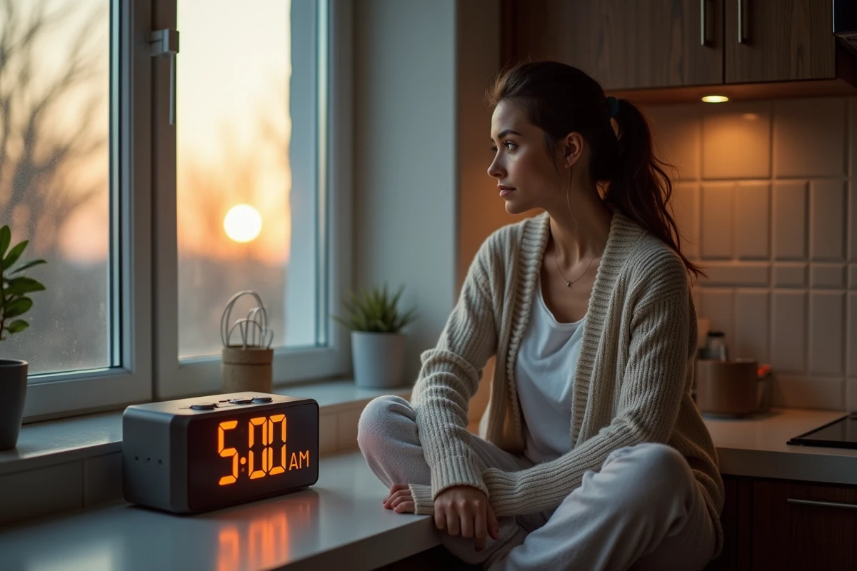 Femme assise près de la fenêtre dans la cuisine au matin