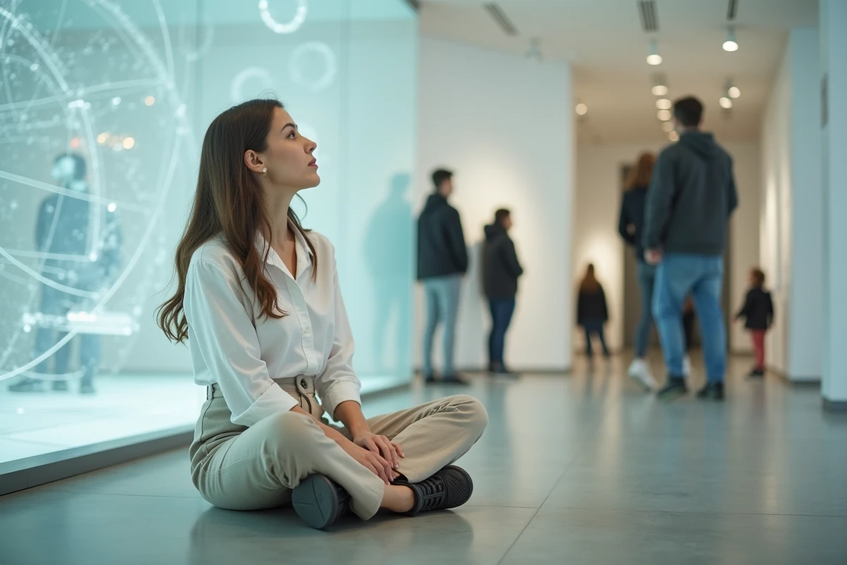 Jeune femme observant un modèle tridimensionnel de l'espace-temps dans un musée des sciences moderne