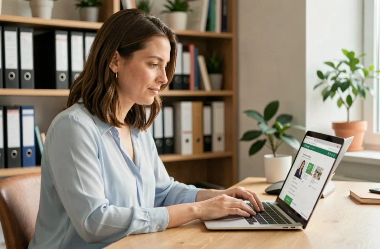 Femme cherchant un emploi en ligne sur un ordinateur portable dans un bureau à domicile moderne