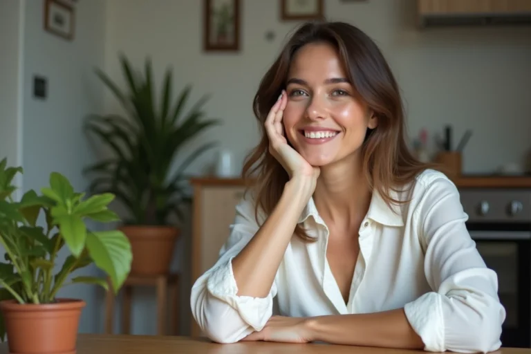 Femme souriante assise à la maison avec une blouse en coton
