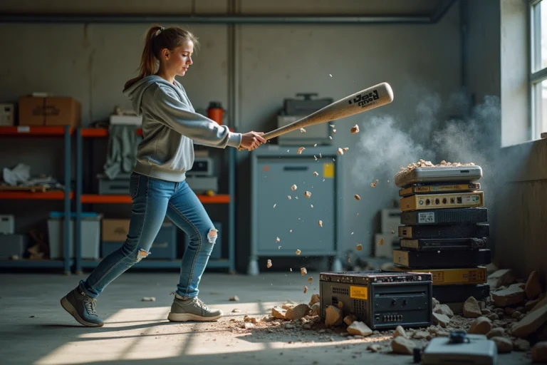 Jeune femme frappe des appareils électroniques dans une rage room