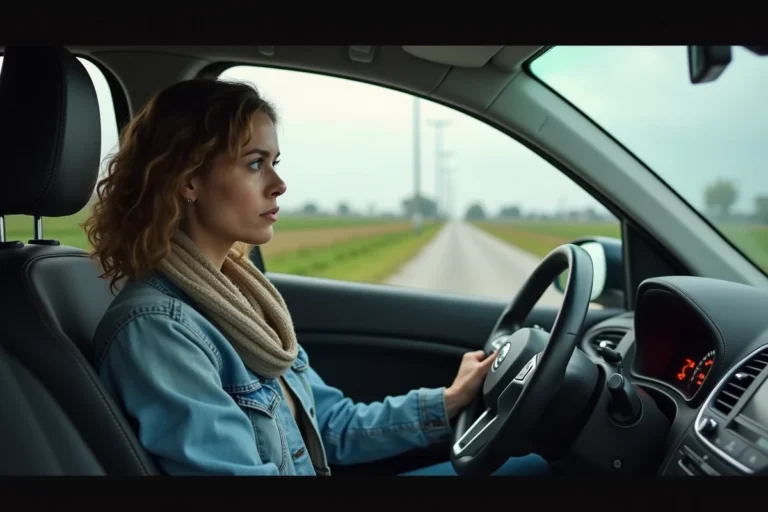 Femme dans sa voiture au bord d'une route rurale