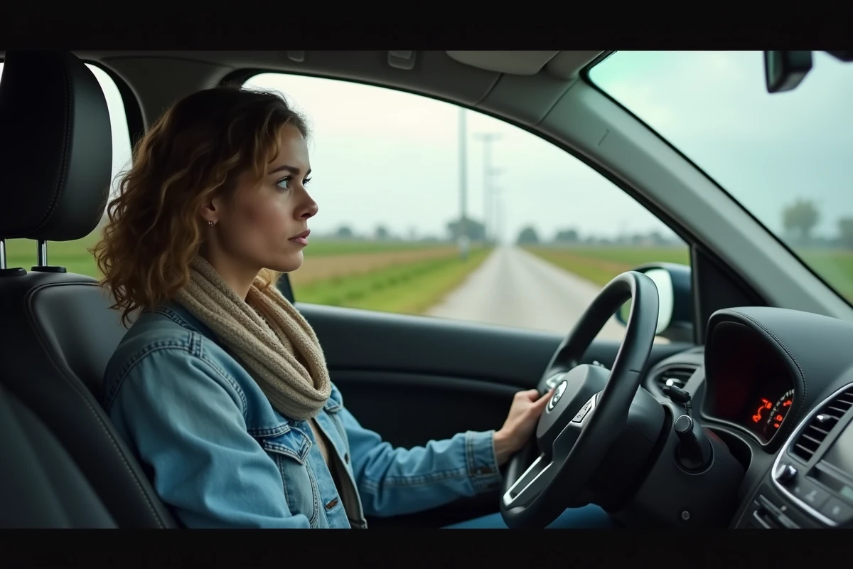 Femme dans sa voiture au bord d'une route rurale