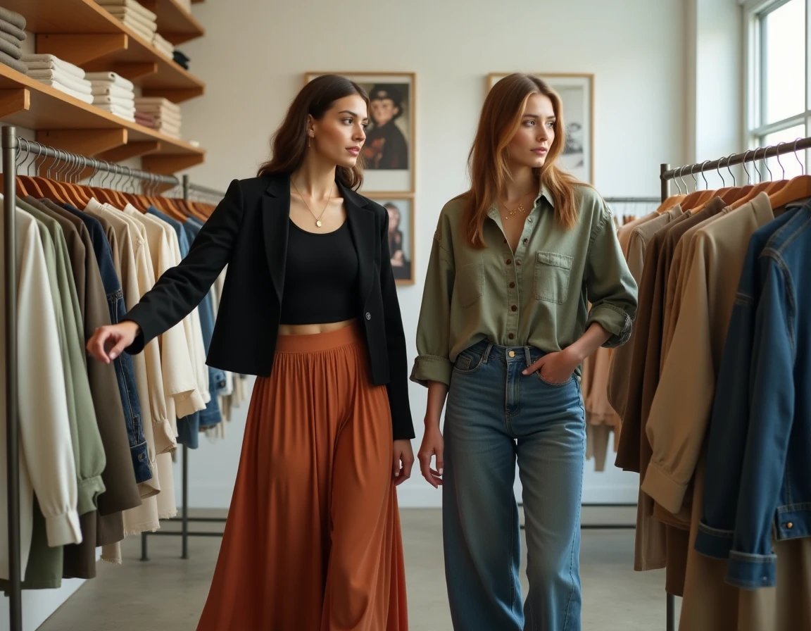 Deux femmes aux styles contemporains variés explorant un concept store de mode tendance avec vêtements et accessoires actuels