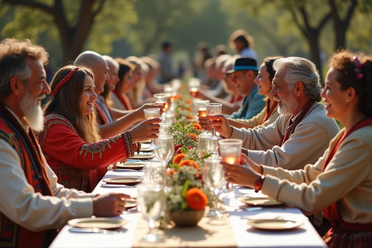 Groupe de romani lors d une fête en plein air autour d une table