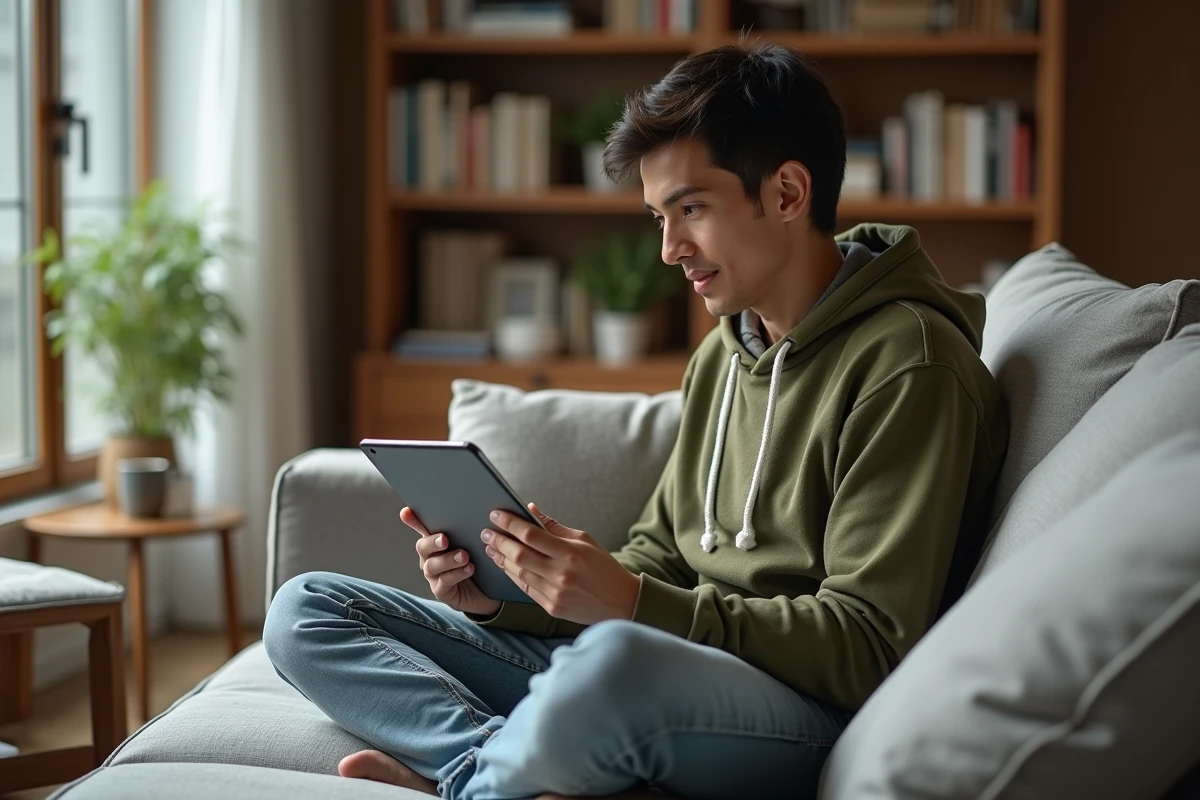 Personne suivant une formation SEO en ligne sur tablette depuis son canapé à domicile