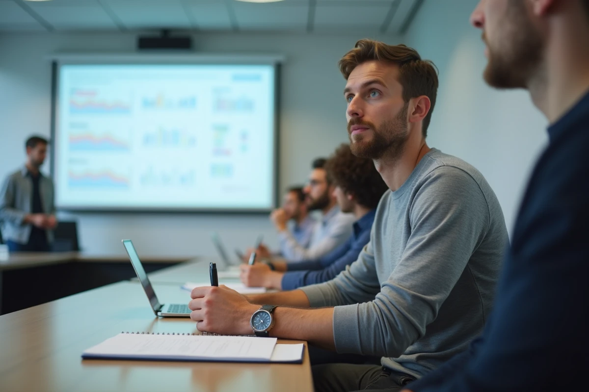 Homme participant à une formation SEO en présentiel dans une salle de conférence professionnelle