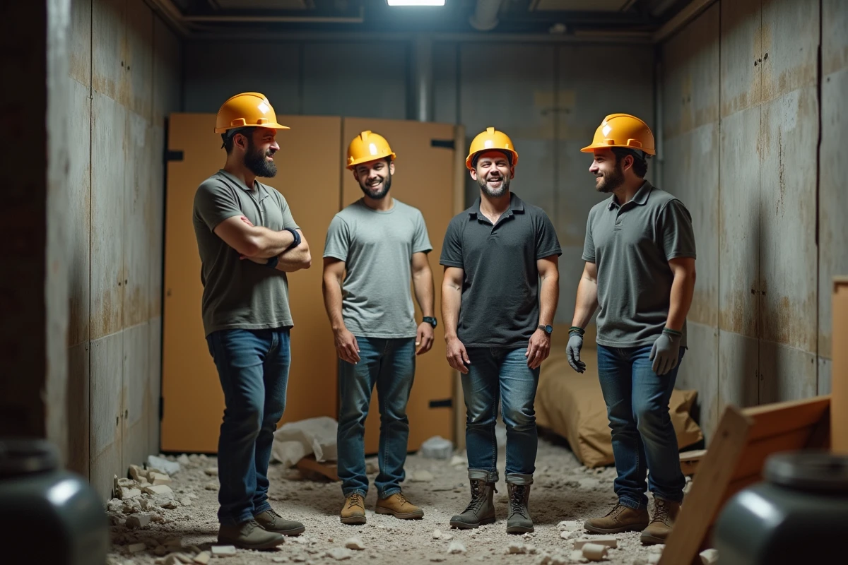 Trois amis souriants après avoir cassé des objets dans une rage room