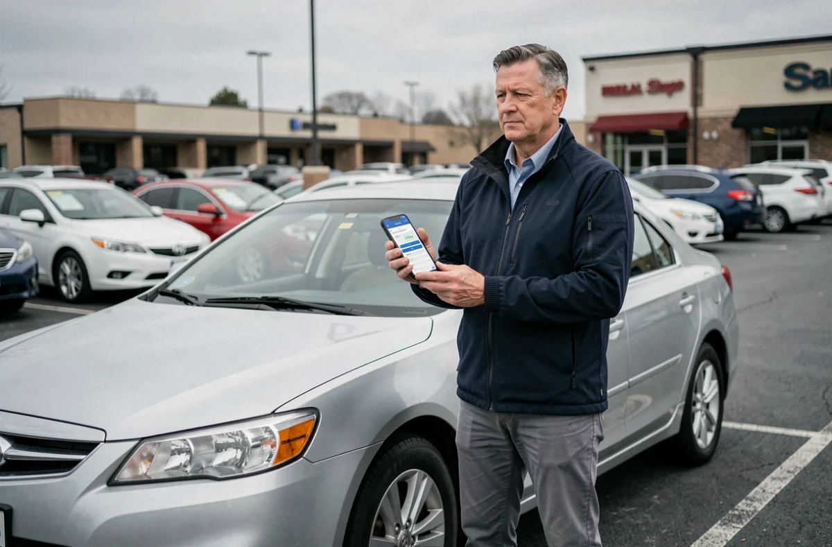 Homme consultant une application de comparaison d'assurance auto sur smartphone devant sa voiture dans un parking