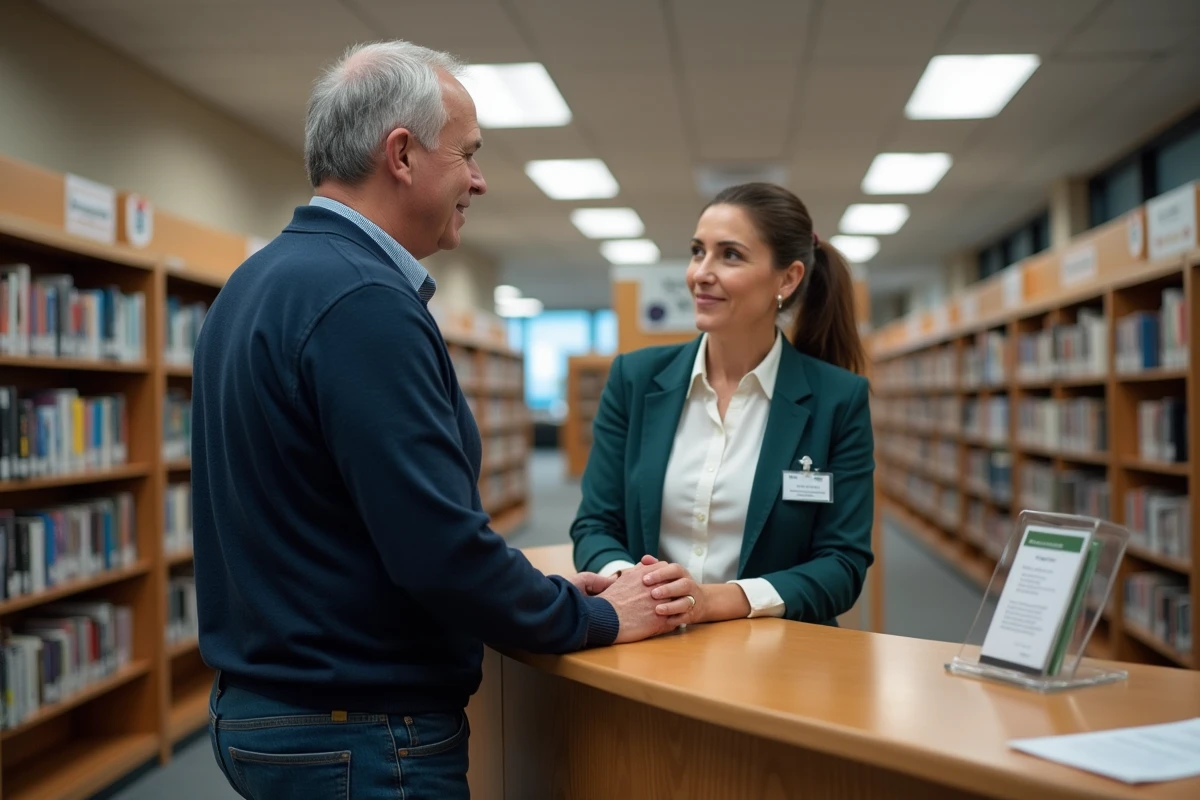 Homme discutant avec une bibliothecaire dans une bibliothèque publique