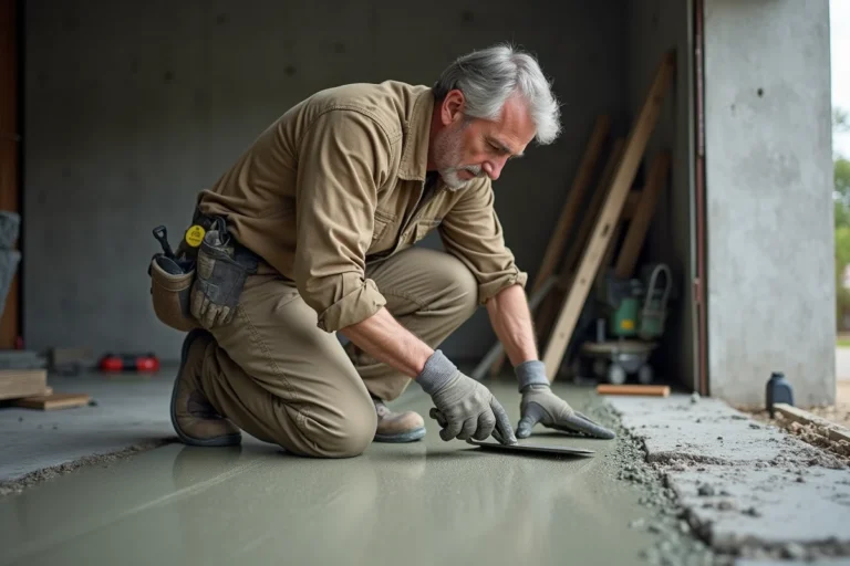 Homme en vêtements de travail lissant du béton frais
