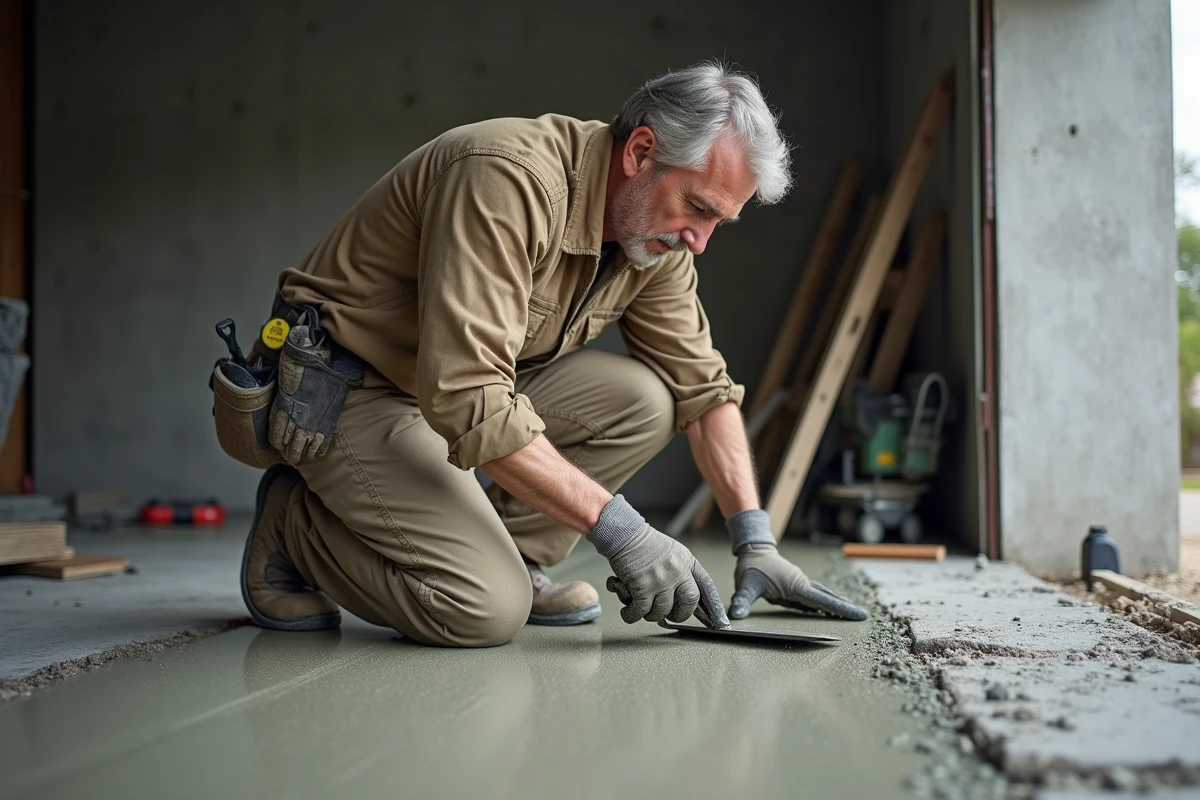 Homme en vêtements de travail lissant du béton frais