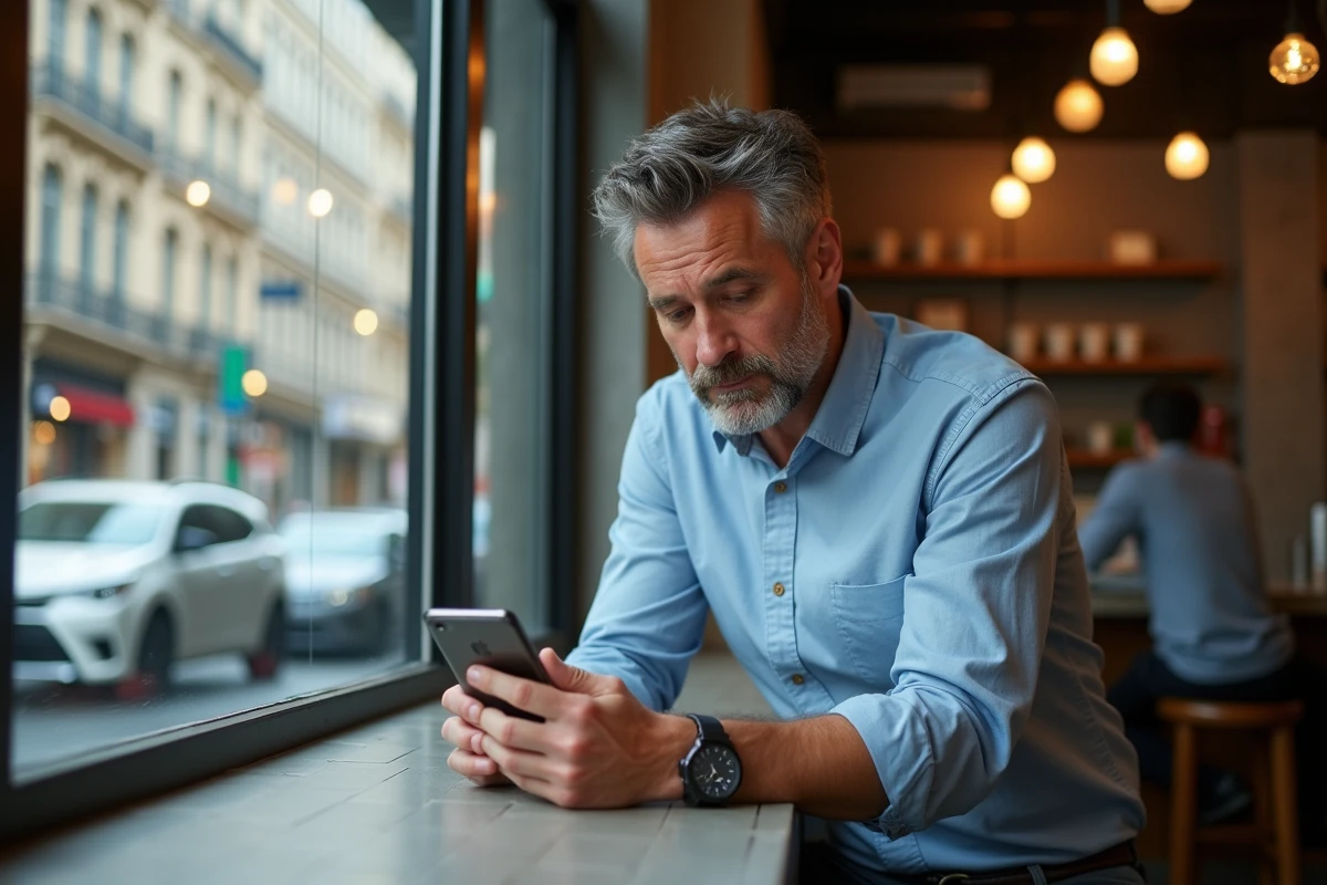 Homme au café urbain regardant son smartphone