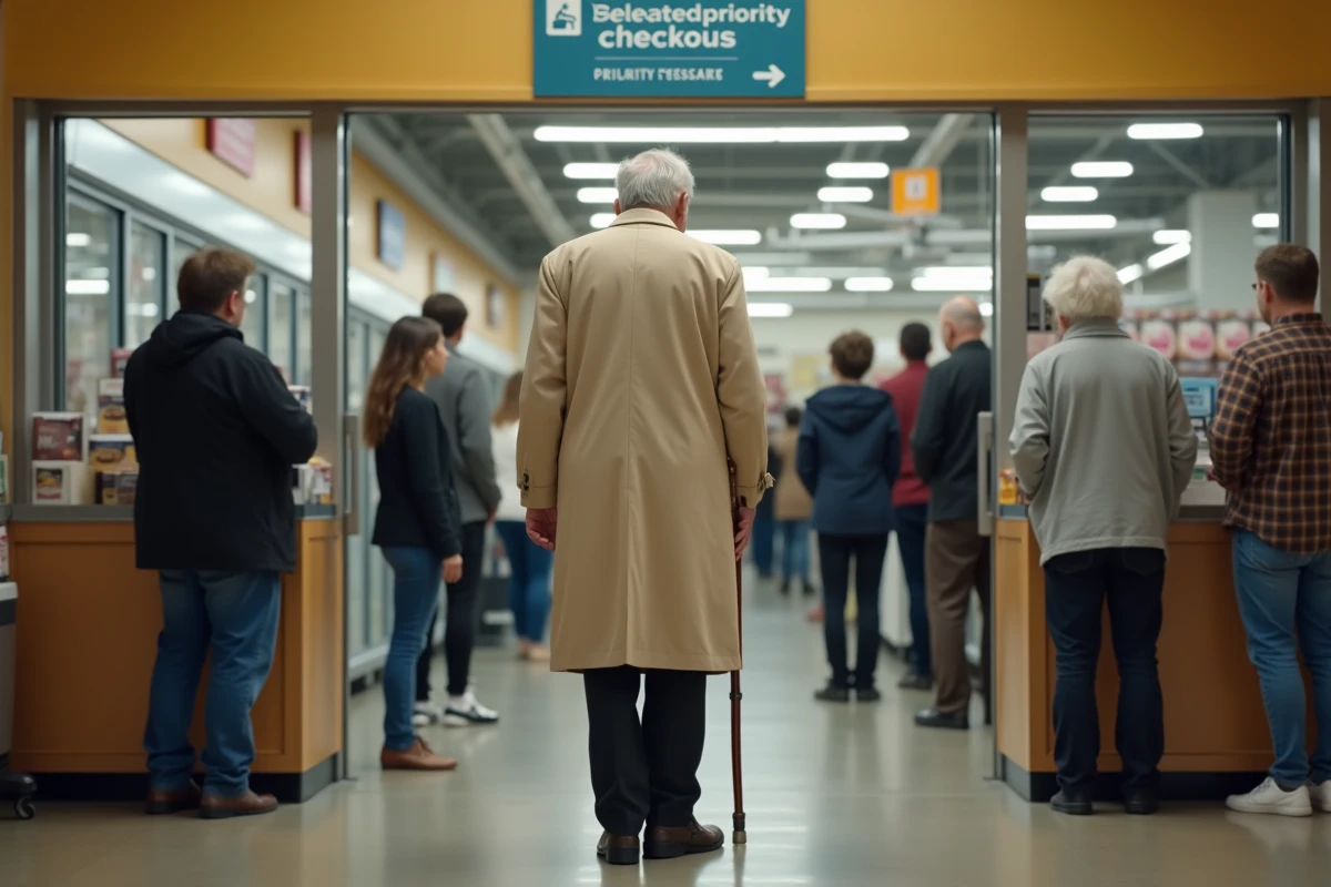 Homme age au entree du caisson prioritaire en supermarche