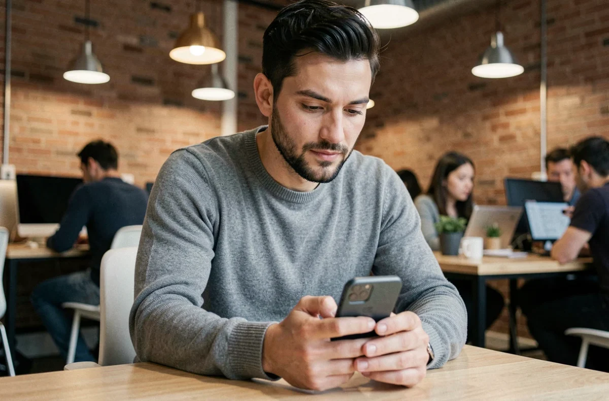 Jeune homme consultant des offres d'emploi sur smartphone dans un espace de coworking