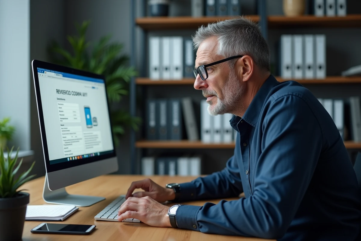 Homme utilisant un annuaire téléphonique inversé gratuit sur ordinateur dans un bureau professionnel